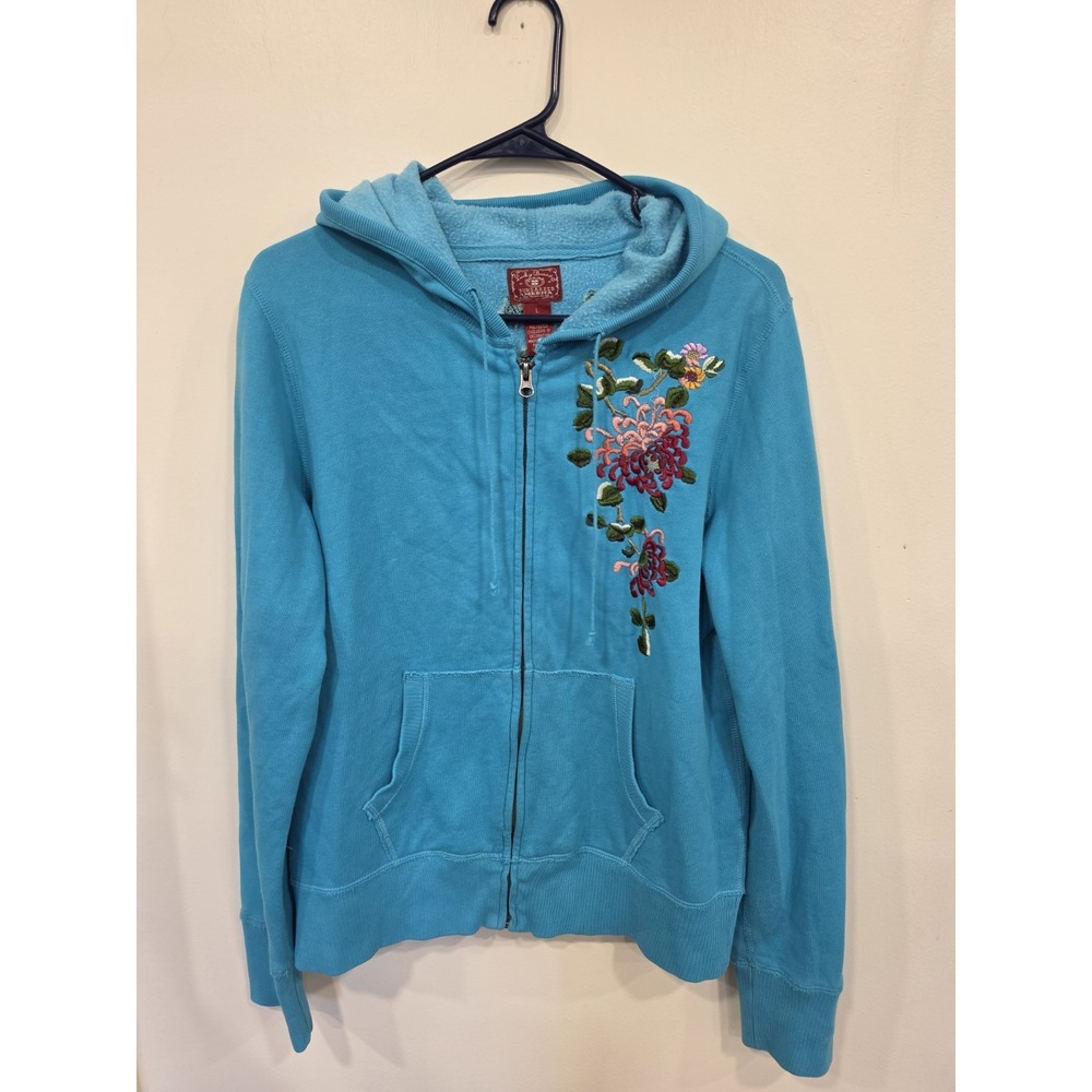 VTG Y2K Lucky Brand Zip Up Sweatshirt Womens Sz Large Teal Floral Embroidered